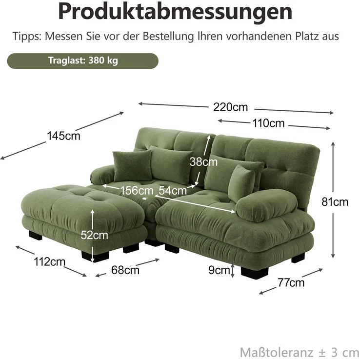 EINHOM Cloud Ecksofa für Wohnzimmer, Chenille Doppelsofa mit 2 Lendenkissen und 2 Dekokissen, Polstersofa mit breiten Armlehnen und Ottoman, Chenille Grünes – Bild 2
