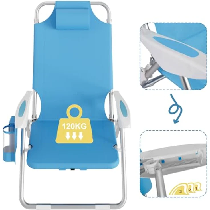 BAKAJI Strandstuhl, faltbar, zusammenklappbar, Gestell aus Aluminium, mit Tasche für alle Gegenstände, integrierte Kühltasche und Rucksackriemen (Blau), Polyester Baumwolle, Unica – Bild 6