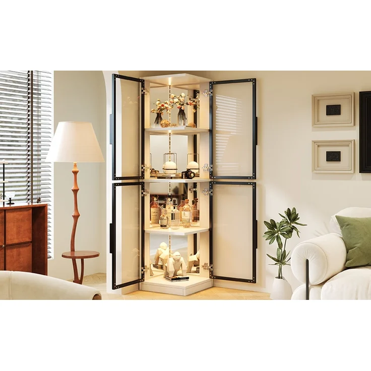 ZUBALIYA Vitrine mit Glas 44 × 42 × 164 cm, Spiegelrückwand, Eckvitrine mit doppelseitiger Glaspräsentation, LED-Beleuchtung mit Farbwechsel, Glasvitrine für Sammlerstücke, Bücher, Wein & Dekoration, Weiß – Bild 11