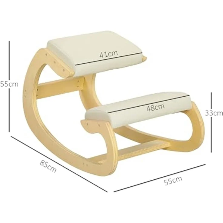 HOMCOM Stuhl Kniestuhl Ergonomisch, Kniestuhl aus Holz, Gesundheitsstuhl (Schreibtischstuhl, 1 St), für Homeoffice, zur Verbesserung der Körperhaltung, Cremeweiß – Bild 3