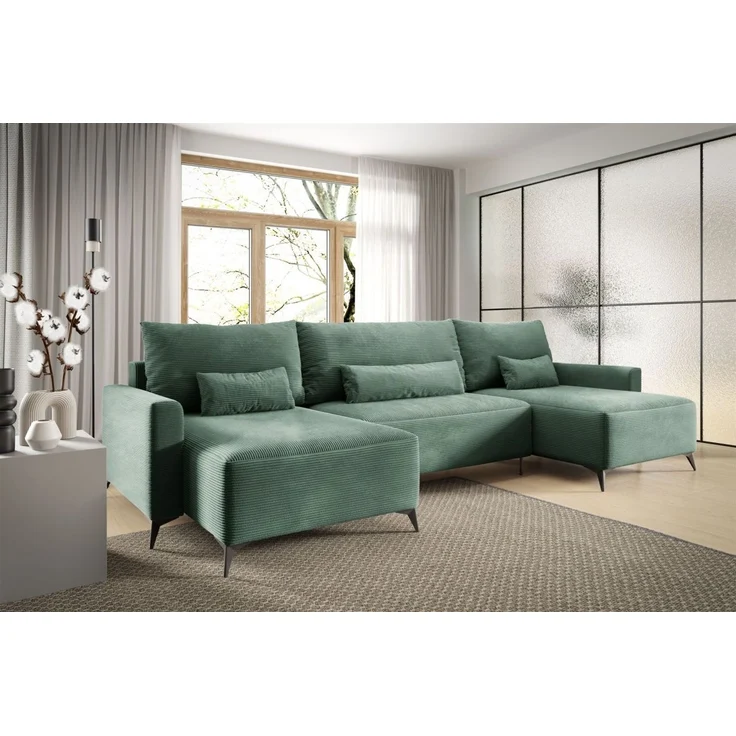 Wohnlandschaft mit Schlaffunktion SILVES Sofa U-Form Stoff Poso Grün – Bild 1