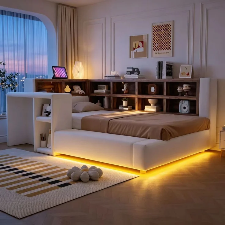 U-life Polsterbett 90x200 cm, fürs Schlafzimmer, Mit Polsterbezug, Mit Mehrstufigen Stauräumen, LED-Beleuchtung, Integrierten, Samtstoff, Beige – Bild 3