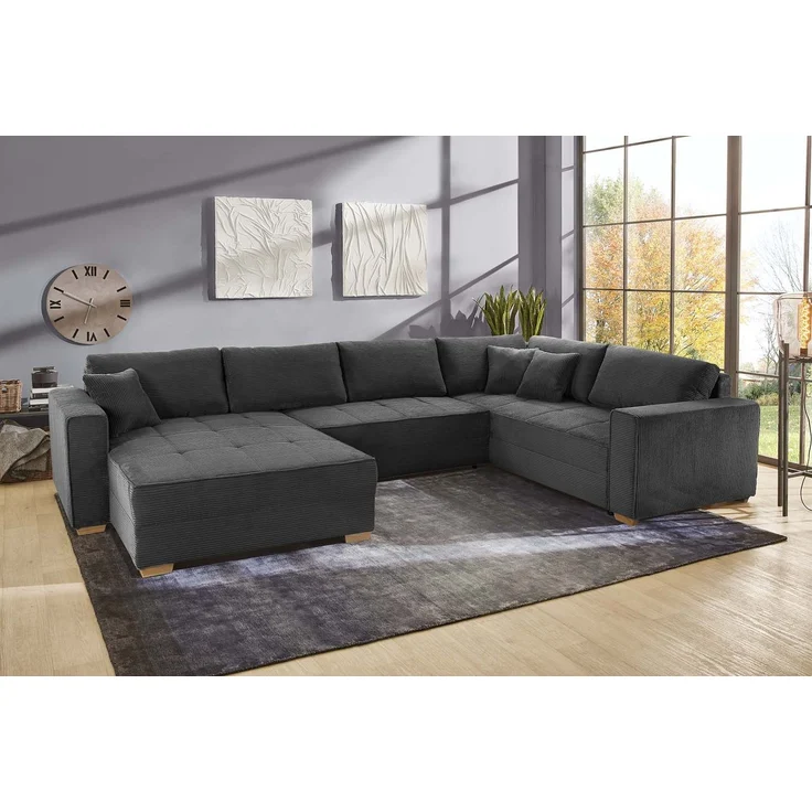 Wohnlandschaft U-Form Sofa Schlaffunktion Couch Bettkasten Cord Dunkelgrau – Bild 2