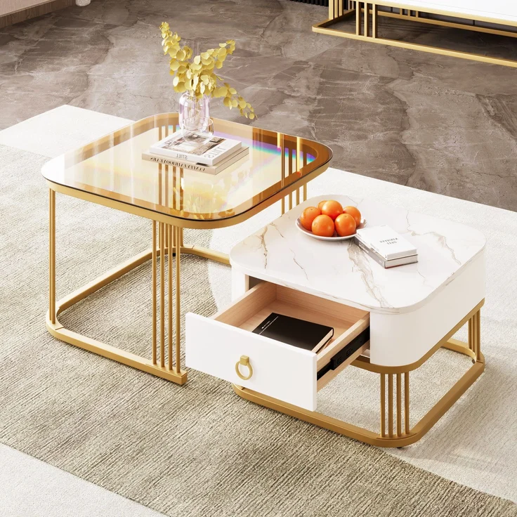 Couchtisch set 60×60+50×50 cm Hochglanz Marmoroptik Weiß und Gold und Teebraun,Kaffeetisch mit Schublade – Bild 2