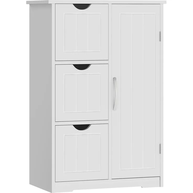 Sweetcrispy Badezimmerschrank 22 Inches Hoch Modern, mit 3 Schubladen & 1 Tür, Hochglanz Weiß mit Einboden & Großem Stauraum, Schmale Badkommode, Badezimmer Kommode