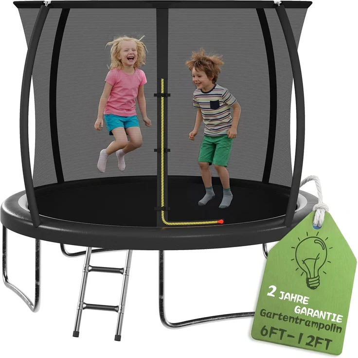 Devoko Gartentrampolin mit Sicherheitsnetz, Leiter, Randabdeckung, Stahlrahmen, Schwarz, Ø 290 cm – Bild 3