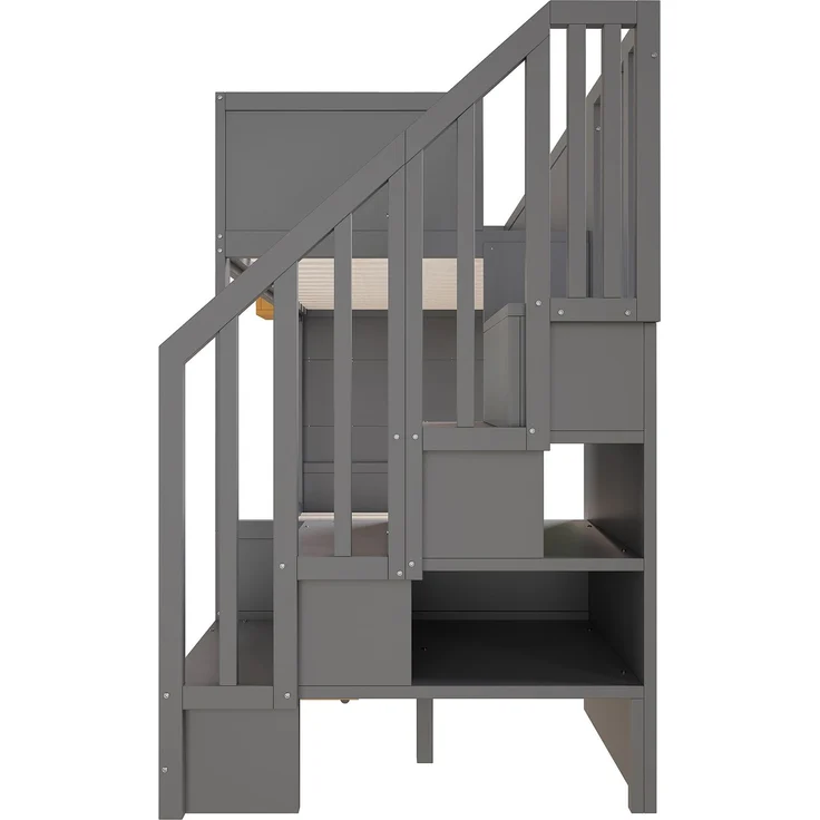 Etagenbett für Kinder mit Aufbewahrungsschubladen, Sicherheitstreppe, Schreibtisch und Sternenmotiv – 90 x 200 cm Massivholzrahmen aus Kiefernholz, Grau – Bild 7