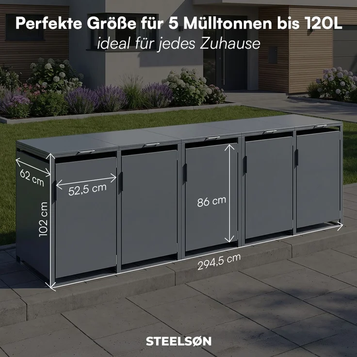 STEELSØN 'Thoria' Mülltonnenbox 5er je 120 Liter, anthrazit, Mülltonnenverkleidung aus Stahl, wetterfest, 102x62x294,5 cm, Müllbox für 5 Tonnen – Bild 9
