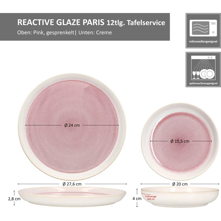 12tlg Tafelservice Reactive Glaze Paris 6 Pers. Speiseteller Suppenteller Pink – Bild 7