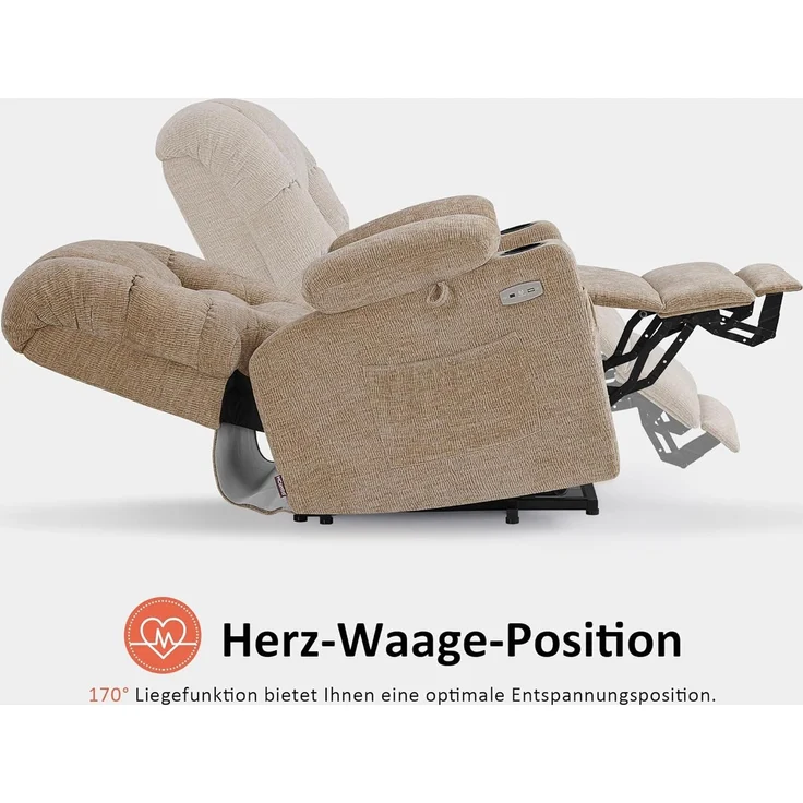 M MCombo Fernsehsessel mit Aufstehhilfe Elektrisch 7550, 3 Motoren, Rückenlehne & Beinstütze Getrennt Verstellbar, Relaxsessel mit Liegefunktion bis 170° (Chenille, Beige) – Bild 6