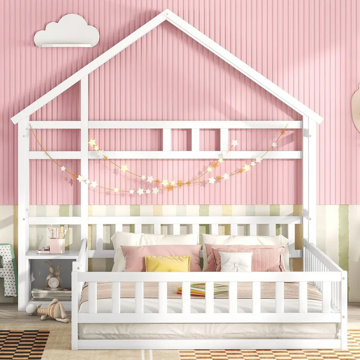 Kinderhausbett, Flachbett aus Kiefernholz mit Geländer, inklusive Nachttisch, stabiles Massivholzbett für Kinder, Weiß – Bild 2