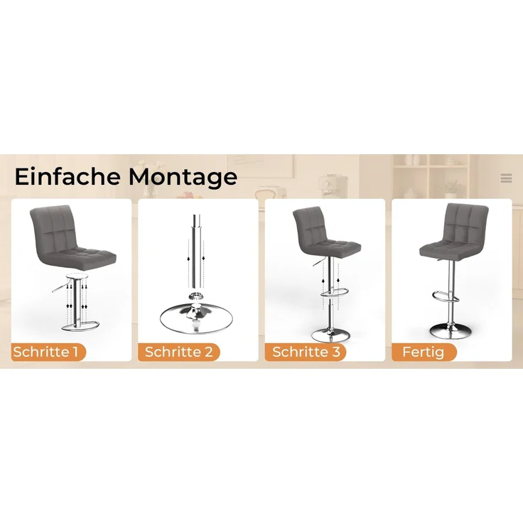 Botifly 2er Set Barhocker Grau Kunstleder, Höhenverstellbar 60-80cm, 360° Drehbar mit Fußstütze, SGS Zertifiziert für Küche, Bar & Theke – Bild 8