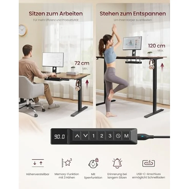 VASAGLE Höhenverstellbarer Schreibtisch, 160x80 cm, USB-C-Anschluss, Ablage für Steckdosenleiste, Stehtisch, Erinnerung bei langem Sitzen, 3 Speichertasten, für Büro, vintagebraun LSD146KD02 – Bild 7
