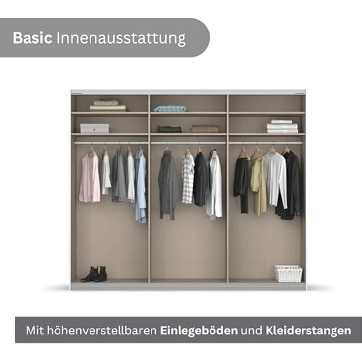 Rauch Möbel Kulmbach, Kleiderschrank mit Schwebetüren für Schlafzimmer, Kinderzimmer, Jugendzimmer, Garderobe, Flur, 3-türig, mit Spiegel, Zubehör Basic, Farbe Beige, Breite 271 cm – Bild 7