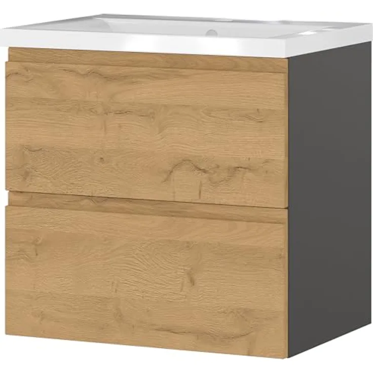 Germania Waschtisch mit Becken 9089-564 GW-Salinas, in Graphit/Grandson-Eiche-Nb, Selbsteinzug der Schubladen, 61 x 65 x 47 cm (BxHxT)