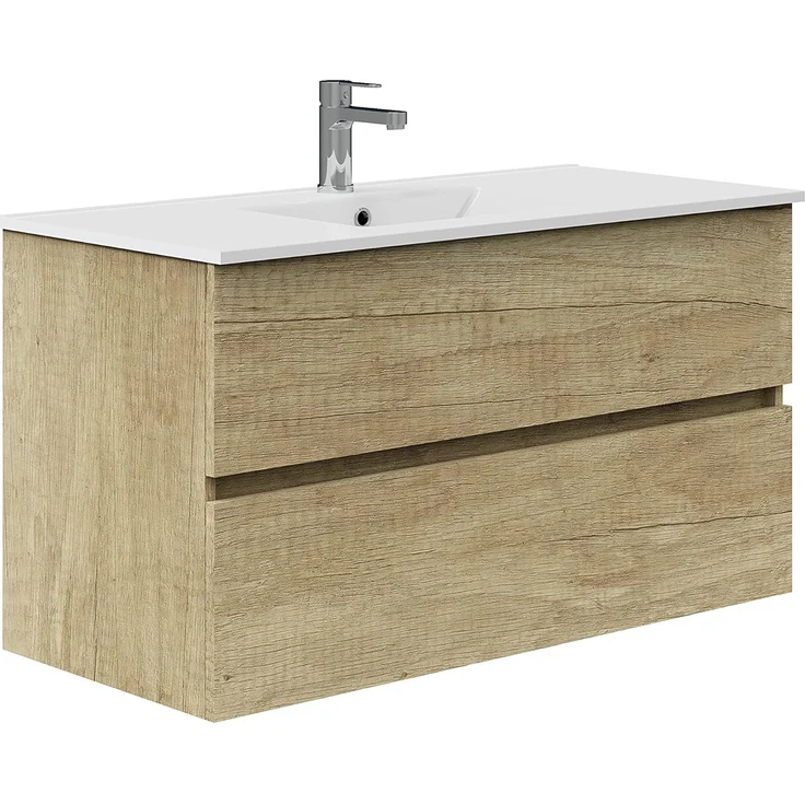 Baikal Badezimmerschrank, Zwei Schubladen, Wandmontage, mit Waschbecken, Melamin 16, montiert, Möbel 90 cm, Natur, ohne Spiegel – Bild 1