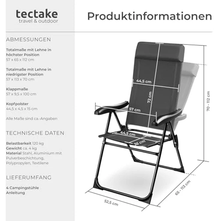 tectake Campingstuhl Müritz (4er Set, 4 St), klappbar – Bild 3