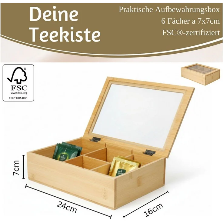 LS-LebenStil Teebox Holz Aufbewahrungsbox Teebox 6 Fächer mit Deckel Teekiste Schmuckkiste, Bambus, (Nachhaltiger Organizer - durchsichtiger Glasdeckel, 1-tlg, Holzkiste Schmuckkiste Schmuckkasten Schmuckkästchen Aufbewahrung), Aufbewahrung für Teebeut... – Bild 2