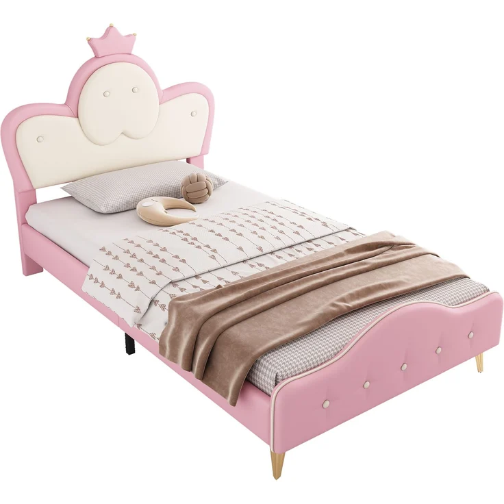 Merax 90x200CM Polsterbett, Kinderbett, mit weichen Schutzkanten, Monochromer LED-Streifen, Kopfteil mit Krone, Bettfüße aus Metall, Wellenform mit Zugpunkt am Kopfende des Bettes, Einzelbett, PU, Rosa+Weiß – Bild 10