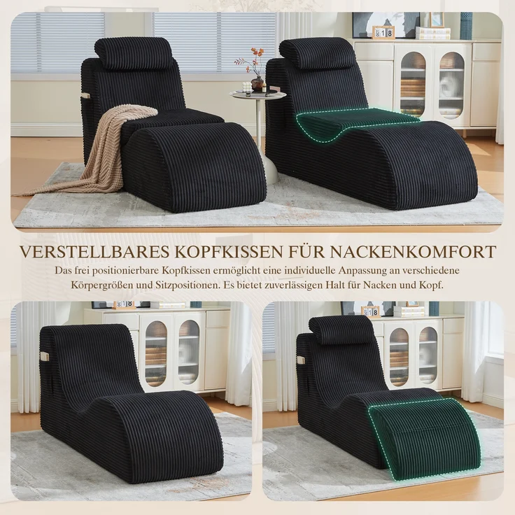 LVHOM Relaxsessel Ergonomisches Design, Lesesessel mit verstellbarer Kopfkissen und Sitzkissen, Fernsehsessel mit Seitentasche, Cord Bezug, bis 200kg belastbar – Bild 3