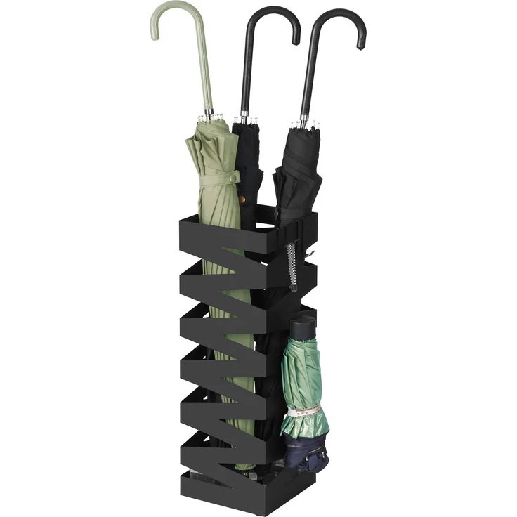 SONGMICS Regenschirmständer aus Metall, Schirmständer, quadratisch, 4 Haken und eine herausnehmbare Wasserauffangschale, 20 x 20 x 49 cm, schwarz LUC017B01