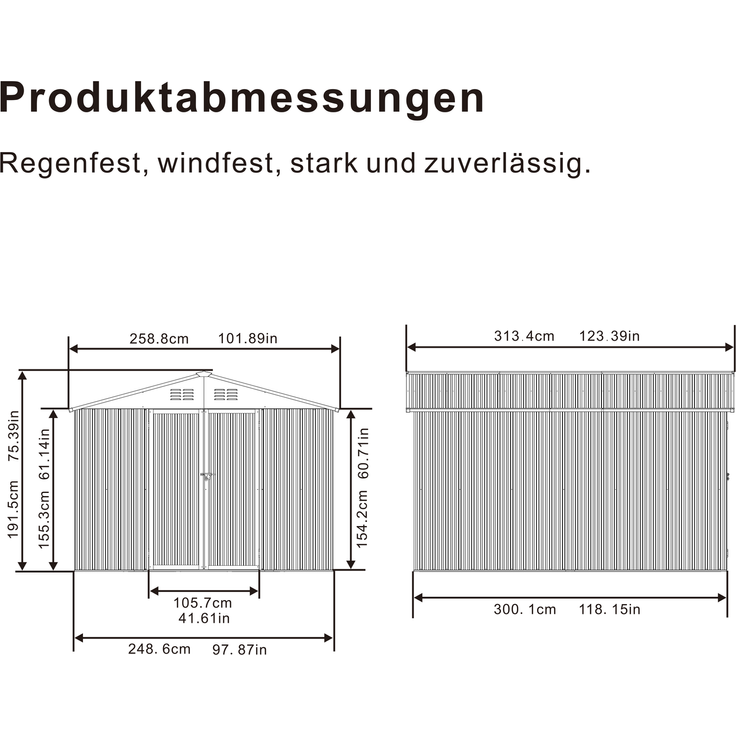 ZUBALIYA Metall-Gartenschuppen 10x8 ft mit Spitzdach in Grau als Außenlager. Der Schuppen ist mit einem integrierten Bodenrahmen ausgestattet. Grundfläche: 7,46 m² – Bild 5