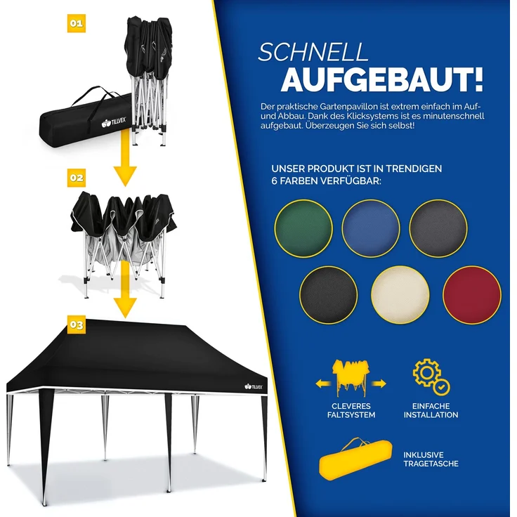 tillvex Pavillon 3x6m Schwarz wasserdicht | Pop-Up Faltpavillon höhenverstellbar | Gartenzelt UV Schutz 50+ | Partyzelt mit Tasche für Garten – Bild 8