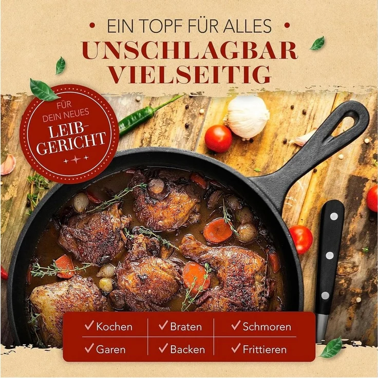 Krustenzauber Schmortopf Gusseisen Topf [inkl. Fleischgabel] -, (Robuster 26cm Gusseisen Bräter mit Deckel Backofengeeignet, Ideal als Schmortopf Induktion, Dutch Oven Set, Kazan, Cast Iron Pot) – Bild 4