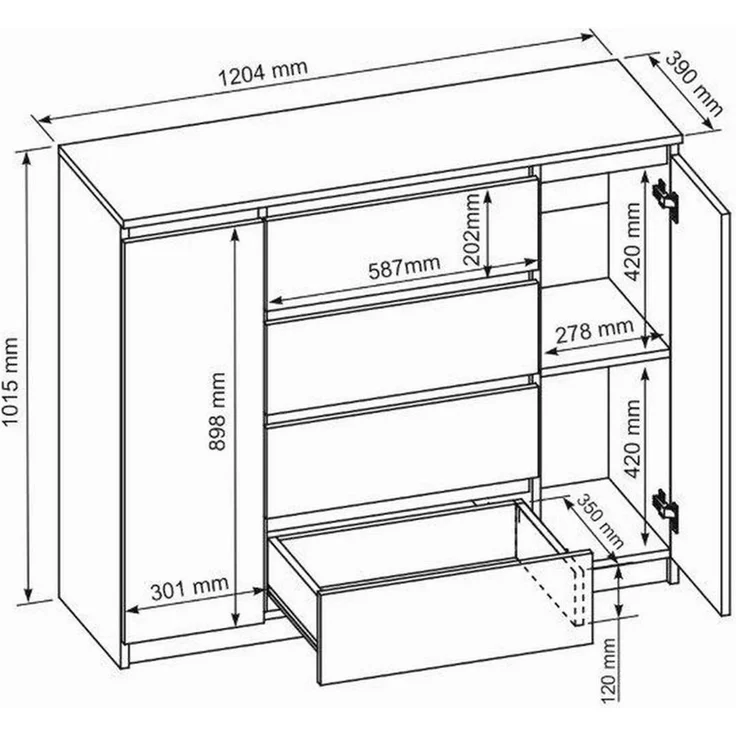 Beautysofa Kommode LEMON mit 4 Schubladen und 2 Türen (Kugelgelagerte Schubladenführungen, Weiß Modernes Sideboard), Breite: 120 cm oder 140 cm – Bild 3