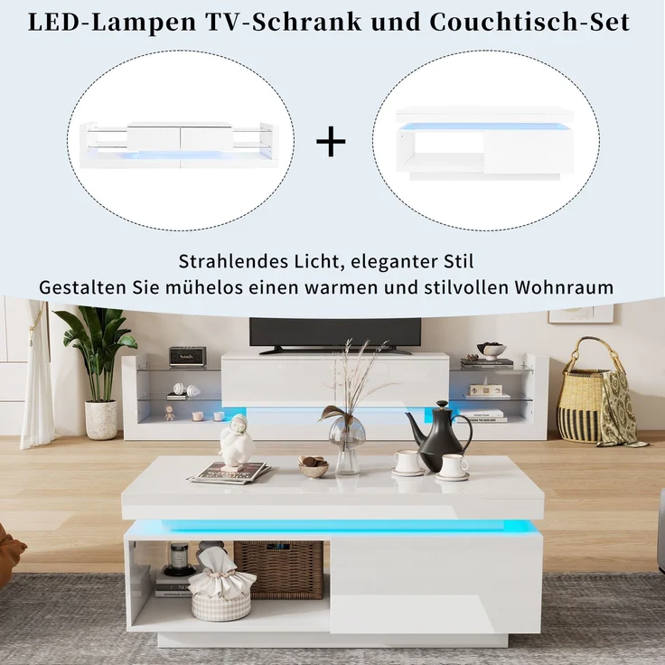 Couchtisch 100x50x40,3 cm mit Hochglanz-Oberfläche, LED-Beleuchtung, 1 Schublade, robuster Spanplatte – Bild 5