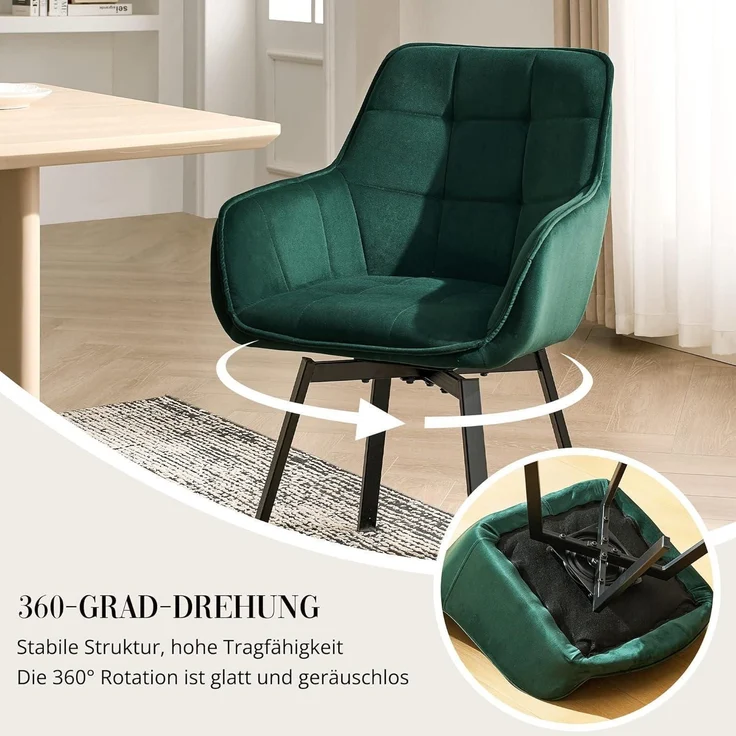 Esszimmerstühle Drehstuhl Armlehne Polsterstuhl 2er Set Samt Grün – Bild 5