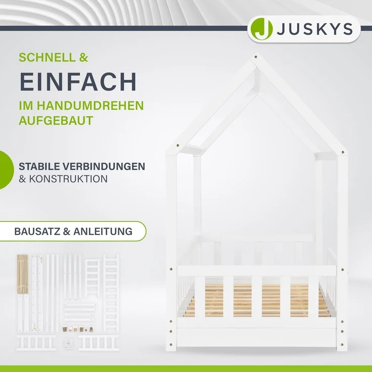 Juskys 'Marli' Kinderbett, mit Matratze, Rausfallschutz, Lattenrost & Dach - Massivholz Hausbett für Kinder - Bett in Weiß, 80x160 cm – Bild 1