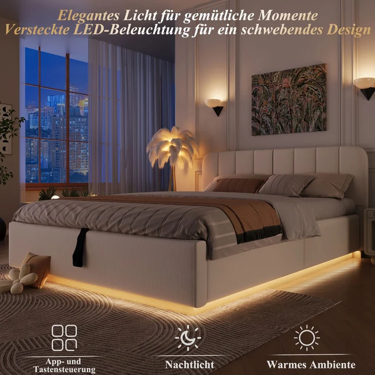 Polsterbett, Doppelbett, 140 x 200 cm, Bett mit Lattenrost, Kopfteil, Gepolstertes Kopfteil, Hydraulische Lagerung, Mit LED-Lichtleiste, Ohne Matratze, Beige Chenille – Bild 5