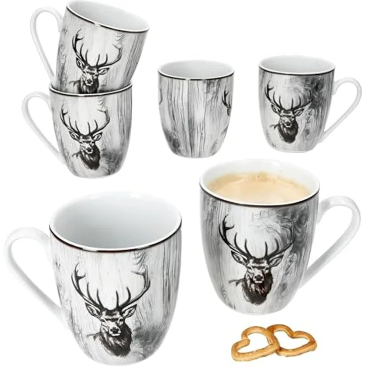 MamboCat Becher 6er Set Alois Kaffeebecher 350ml Porzellan-Tassen 6 Personen Hirsch, Porzellan