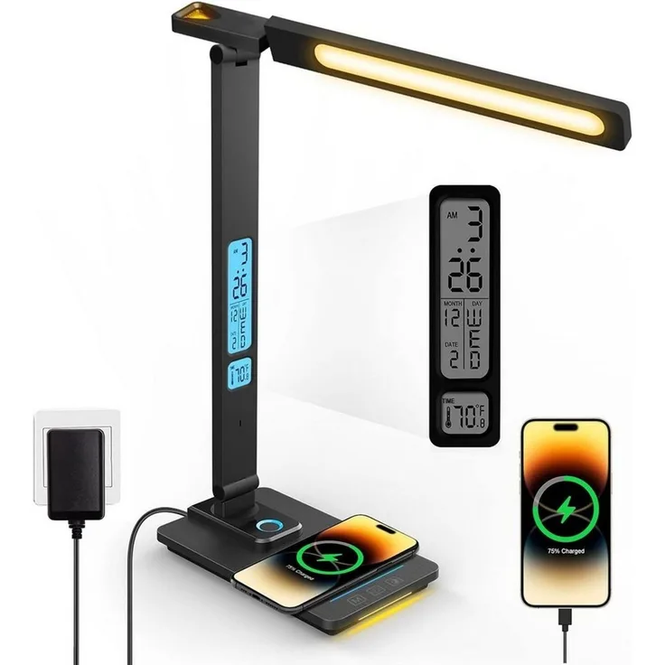 Toomoke LED Schreibtischlampe Tischleuchte, Bürolampe, Leselampe, LED fest integriert, Warmweiß, 480 lm, 10 W Qi, 5 Lichtfarben, 5 Stufen, 45-Min.-Timer