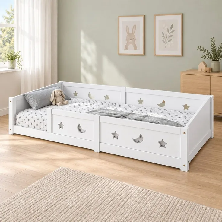 Simurq Kinderbett Bodenbett 140x200 cm, Massivholzbett mit Rausfallschutz & Lattenrost (1-tlg, Montessori Bett 140x200 mit Geländer), Jugendbett, Bettrahmen aus Massivholz, modernes Design
