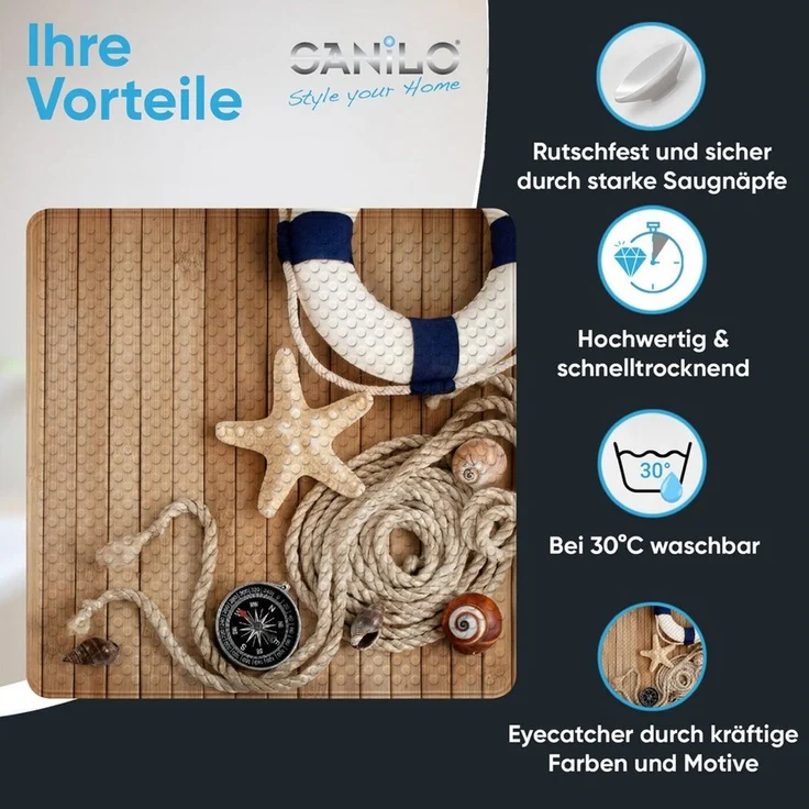 Sanilo Duschmatte, mit Motiv, rutschfest, waschbar, quadratisch, 230 extra starke Saugnäpfe, Kunststoff PVC, 53 x 53 cm, Maritime – Bild 2