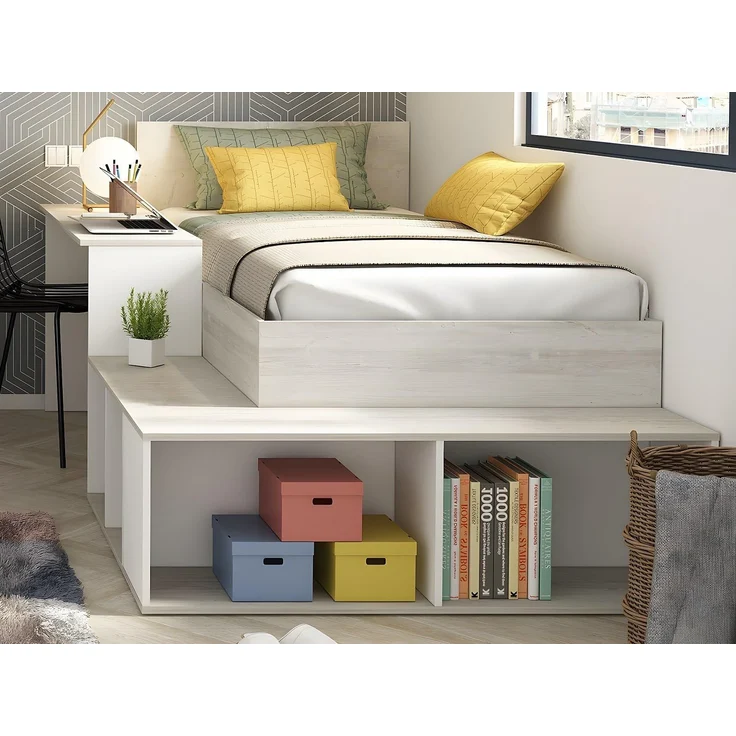Vente-unique - Kombi-Bett 90 x 200 cm mit Stauraum & Schreibtisch + Lattenrost - Holzfarben & Weiß - RIGALI – Bild 5