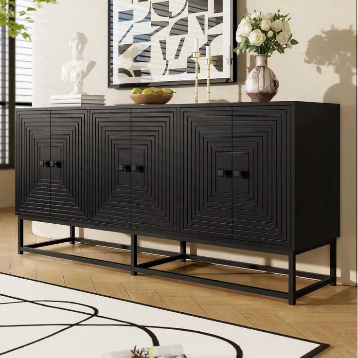 DESVIAE Sideboard mit 3 Doppeltürfächern 160x75,5x38 cm aus Spanplatte Schwarz – Bild 5