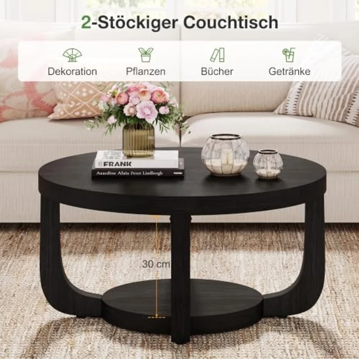 LITTLE TREE Runder Couchtisch 80 cm, 2-stöckiger Wohnzimmertisch mit Ablage | Landhausstil Kaffeetisch, Holz‑Optik Tisch für Wohnzimmer, Schlafzimmer und Lounge, Schwarz – Bild 4