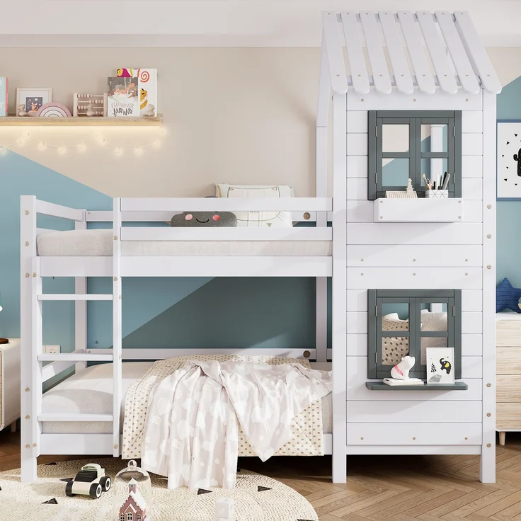 Merax Etagenbett mit Handlauf und Fenster, Hausbett, Kinderbett mit Fallschutz und Gitter, Rahmen aus Kiefer, weiß (90x200cm) – Bild 1