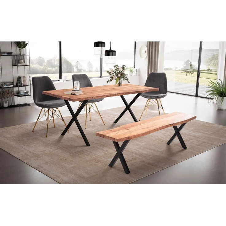 Esszimmertisch 120x60x76cm Akazie Massivholz Baumkante X-Beine Schwarz Rechteckig – Bild 3