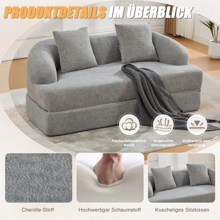 Wohnora-2-in-1-Schnellsofa für zwei Personen, mit zwei Kissen, ausklappbares Doppelschlafsofa, vielseitiges Sofa für Gästezimmer und Wohnzimmer(hellgraue Chenille),H 65cm x T 157cm x B 84cm,Hellgrau – Bild 3