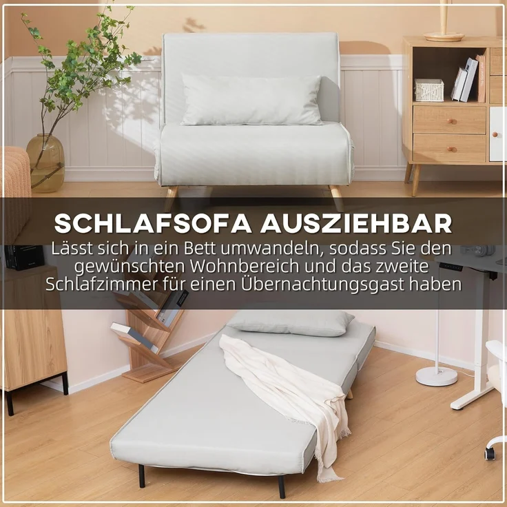 HOMCOM Relaxsessel mit Bettfunktion, verstellbare Rückenlehne, Leinenimitat, Tannenholz, Cremeweiß, 94 x 78 x 80 cm – Bild 4