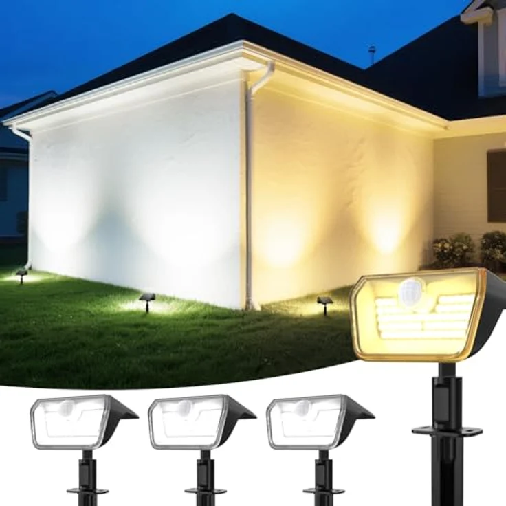 Linkind solarlampen 2 in 1 Solar Strahler Außen mit Bewegungsmelder 3000K & 6500K, 60-LEDs Außen Gartenstrahler mit Dauerlicht und Lade-anzeige, IP67 Wasserdicht Solar Wegelampen 8M/120°, 3 Stück – Bild 2