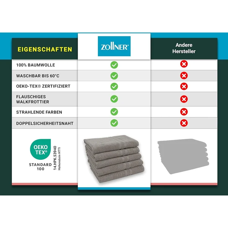 ZOLLNER 5er Set Duschtücher, 70x140 cm, fango, 100% Baumwolle – Bild 6