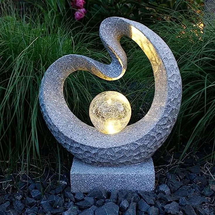 Arnusa LED Solarleuchte Gartenfigur mit Glaskugel Granit-Optik 33,5 x 39 cm, Dämmerungssensor, LED fest integriert, warmweiß, moderne Skulptur