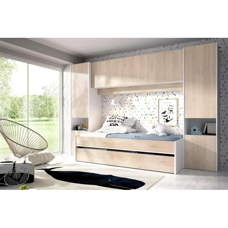 Dmora - Kinderbett Venturosa, Komplettes Schlafzimmer mit Bridge-Kleiderschrank und Kommode, Komposition mit Bett und Einzelausziehbett, 303 x 97 x 203 cm, Eiche und Weiß – Bild 5