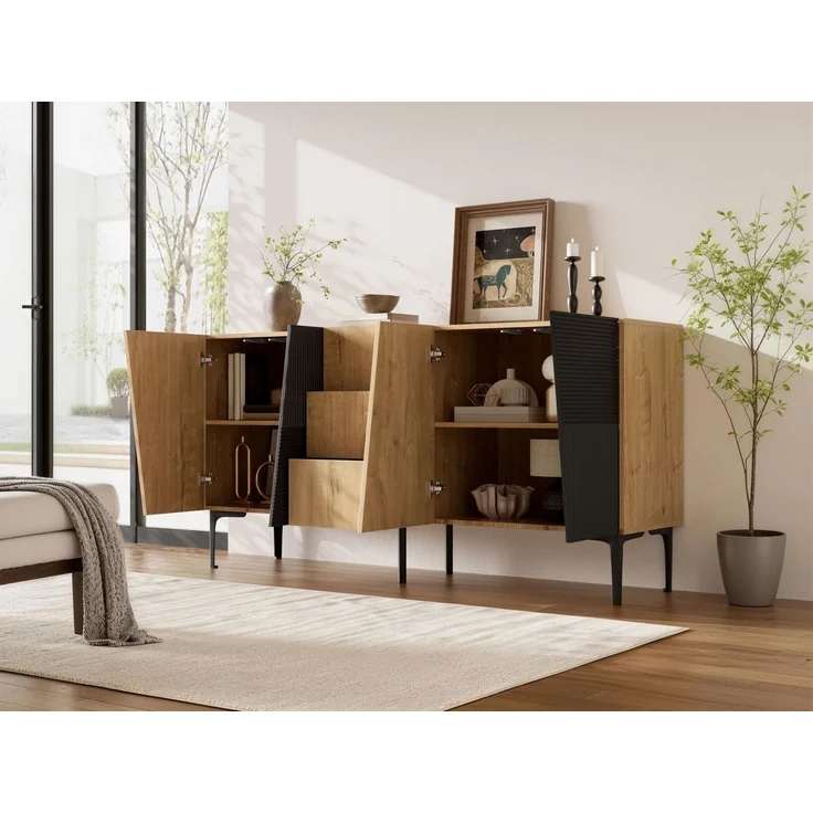 DESVIAE Sideboard Natural-Schwarz aus Spanplatte – 160x80x40 cm – 4 Türen, 3 Schubladen – Bild 5