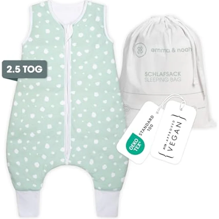 emma & noah Baby Schlafsack mit Füßen 2.5 TOG, Strampelsack für den Herbst und Winter, Bio-Baumwolle, Oeko-TEX Zertifiziert, Kuscheliger Schlafsack für Neugeborere (Punkte Mint, 80 cm) – Bild 2